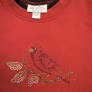 Top Stitch By Morning Sun Red Rhinestone Cardinal Sweatshirt M Holiday Bird EUC